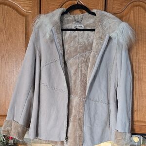 Women's Beige Mongolian Fur Trimmed Leather Jacket